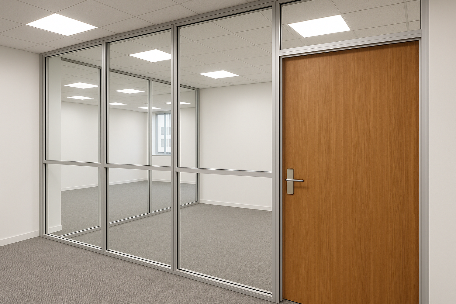 cloison vitrée de bureau, avec une porte en bois pleine