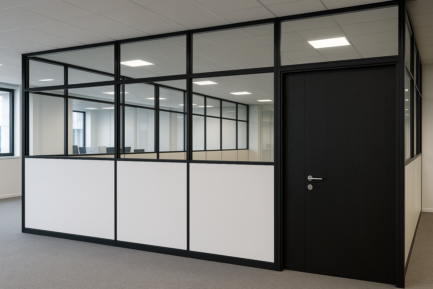 cloison de bureau semi-vitrée (placo en bas et verre sur le haut) avec une porte en bois noir pleine